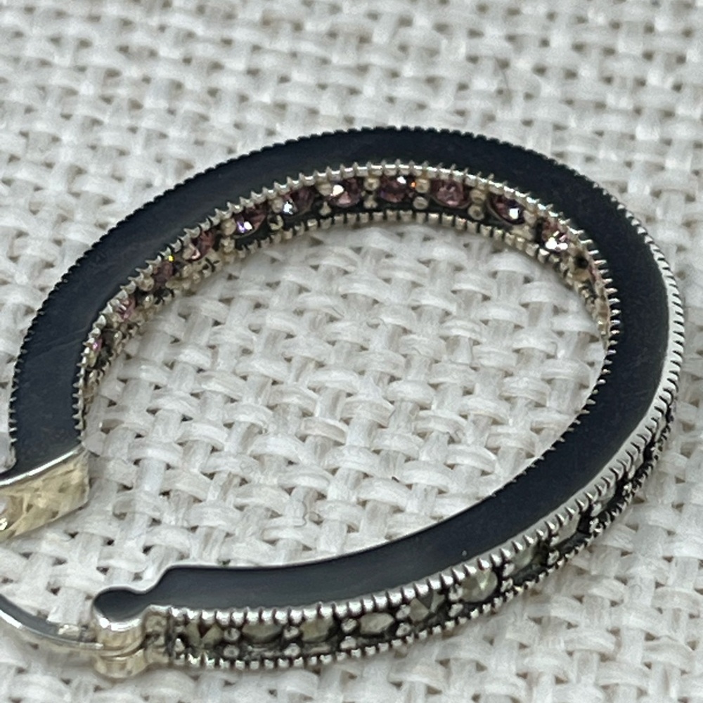 Vintage Suspicion 925 Sterling Silver Marcasite Hoop Earrings with Purple Gems - Picture 5 of 17